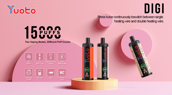 Rechargeable Yuoto DIGI 15000 Puffs Double Mesh Coil Vape 22 saveurs Niveau de carburant de la batterie Ul