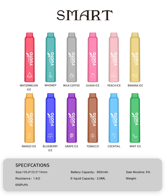 YUOTO Smart 600 souffle Vape 2ML E Juice Capacity With 12 saveurs