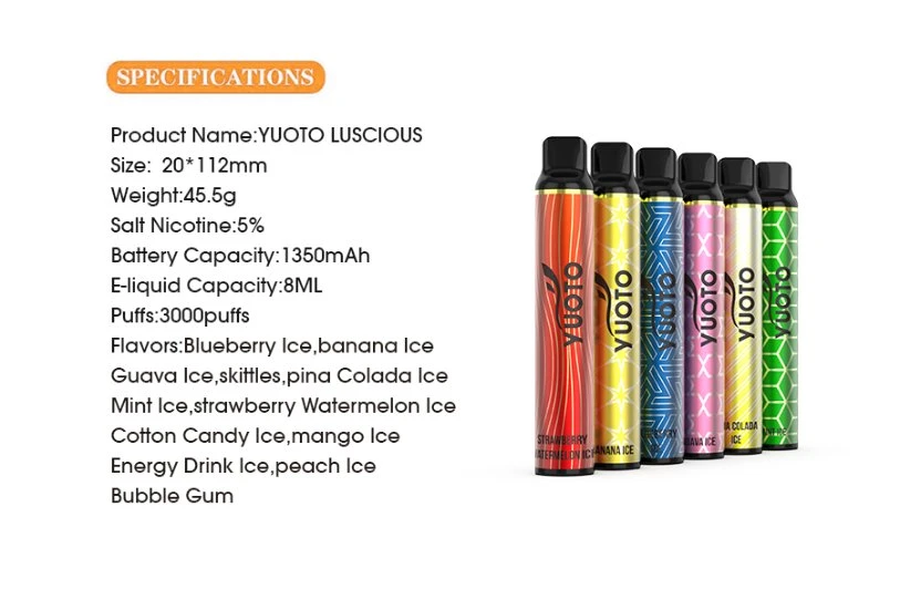  24 cosses jetables succulentes de Vape de batterie au lithium du jus 1350mAh de la nicotine 8ml Vape du souffle 5% de Yuoto de saveurs 3000